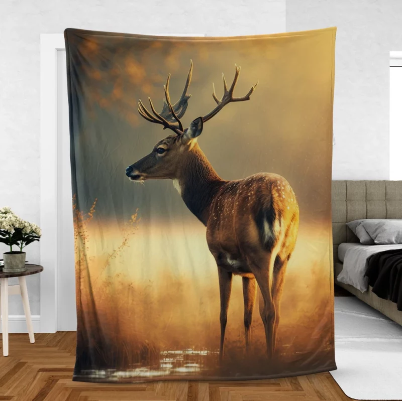 Deer in the Grasses by Water Fleece Blanket