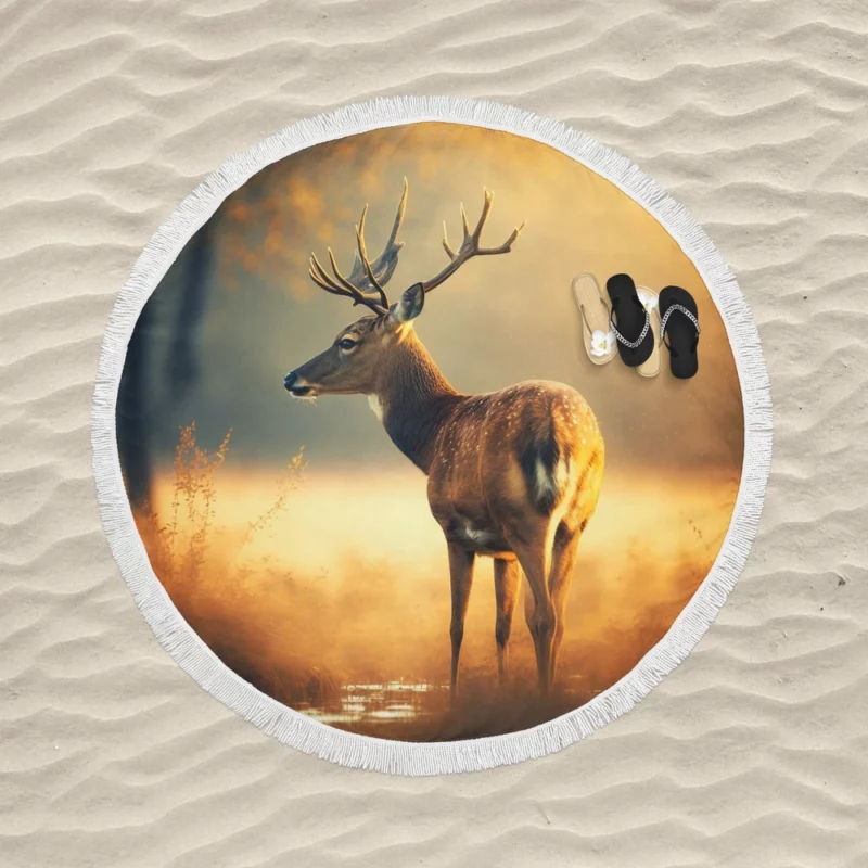 Deer in the Grasses by Water Round Beach Towel