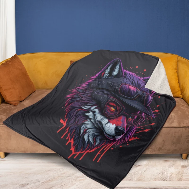 Detailed Wolf Illustration with Glasses Fleece Blanket 1