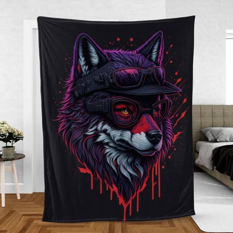 Detailed Wolf Illustration with Glasses Fleece Blanket