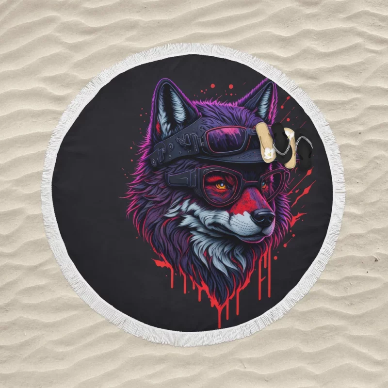 Detailed Wolf Illustration with Glasses Round Beach Towel