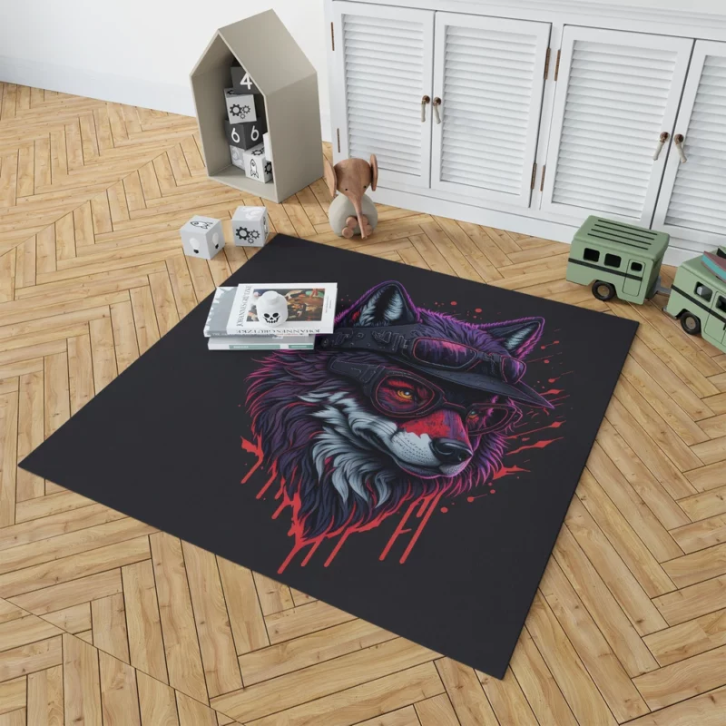 Detailed Wolf Illustration with Glasses Rug 1