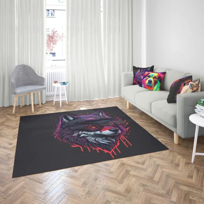 Detailed Wolf Illustration with Glasses Rug 2