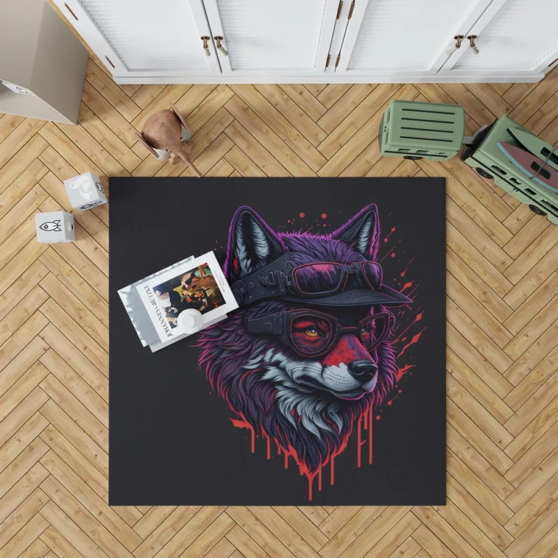 Detailed Wolf Illustration with Glasses Rug