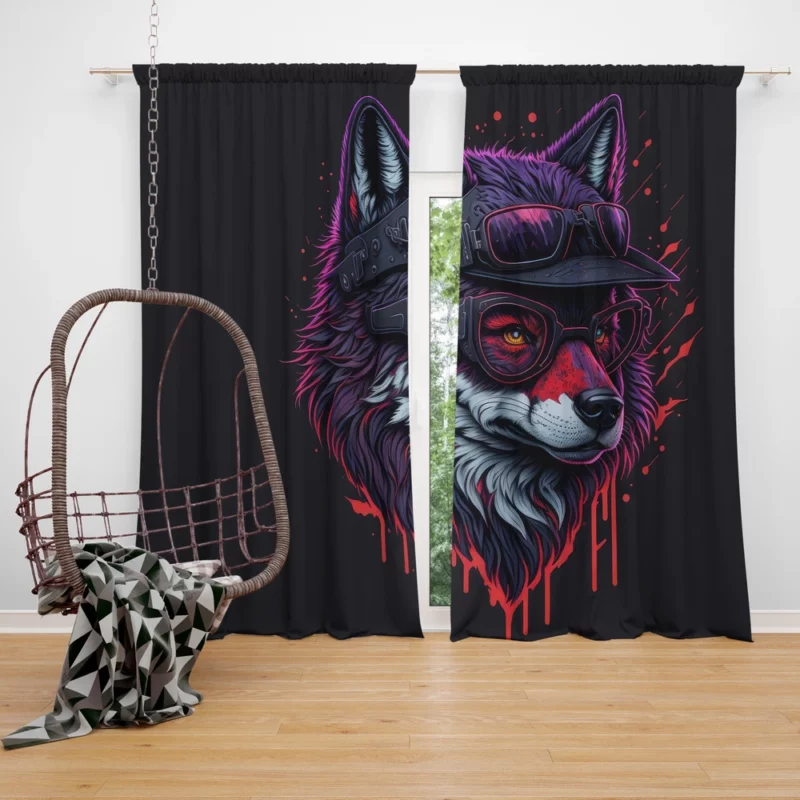 Detailed Wolf Illustration with Glasses Window Curtain