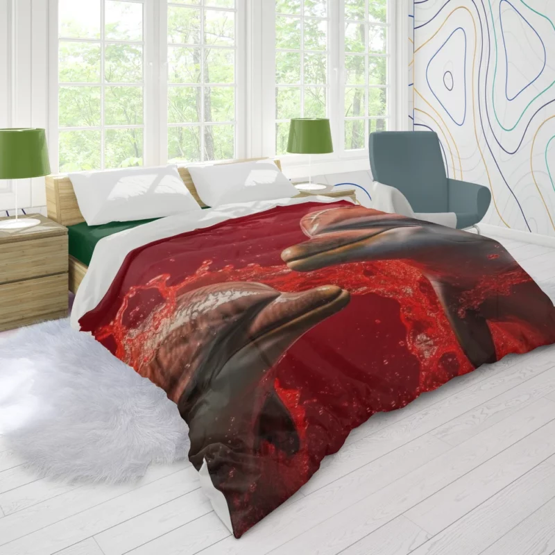 Dolphin on Red Background Duvet Cover