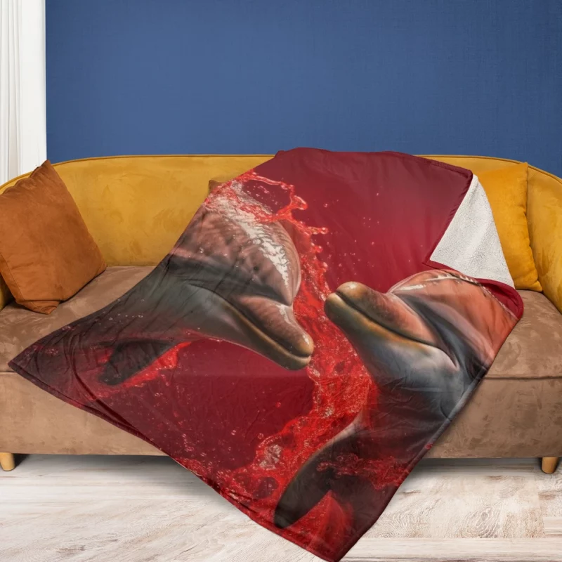 Dolphin on Red Background Fleece Blanket 1