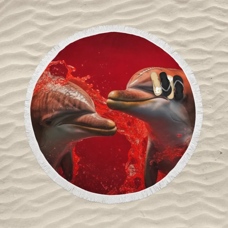 Dolphin on Red Background Round Beach Towel