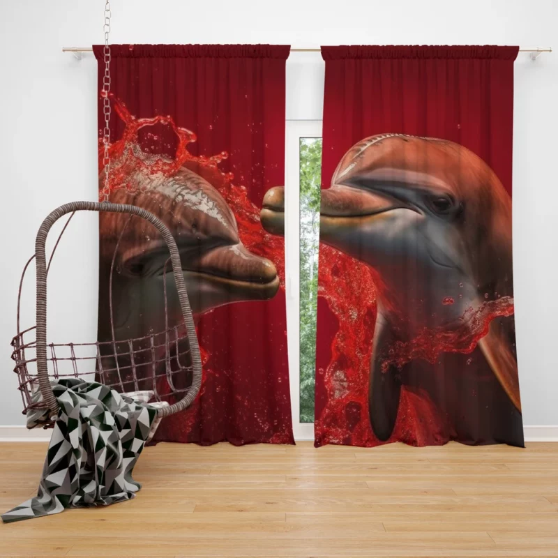 Dolphin on Red Background Window Curtain