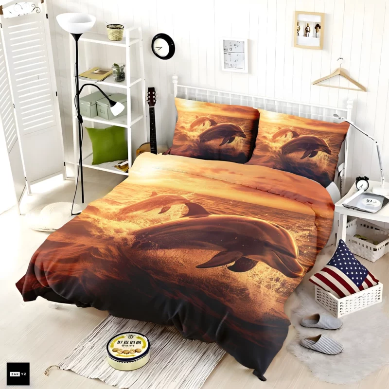 Dolphins Jumping at Sunrise Bedding Set