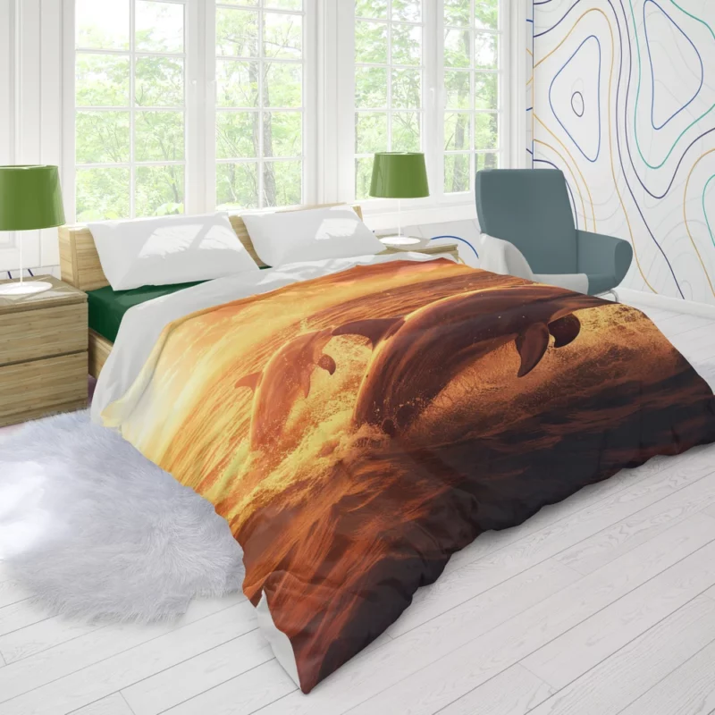Dolphins Jumping at Sunrise Duvet Cover