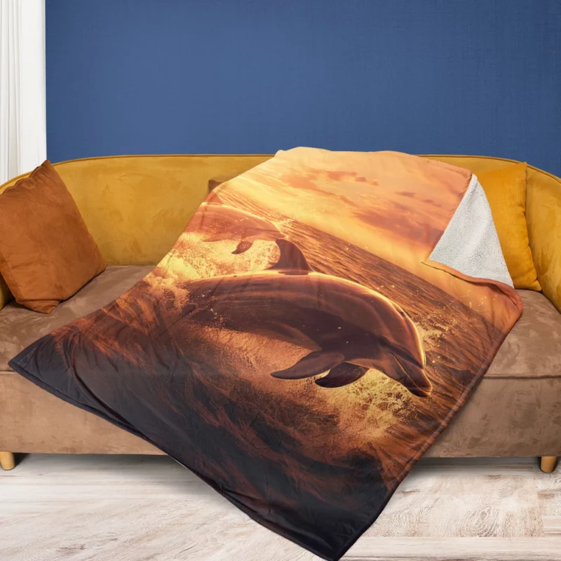 Dolphins Jumping at Sunrise Fleece Blanket 1