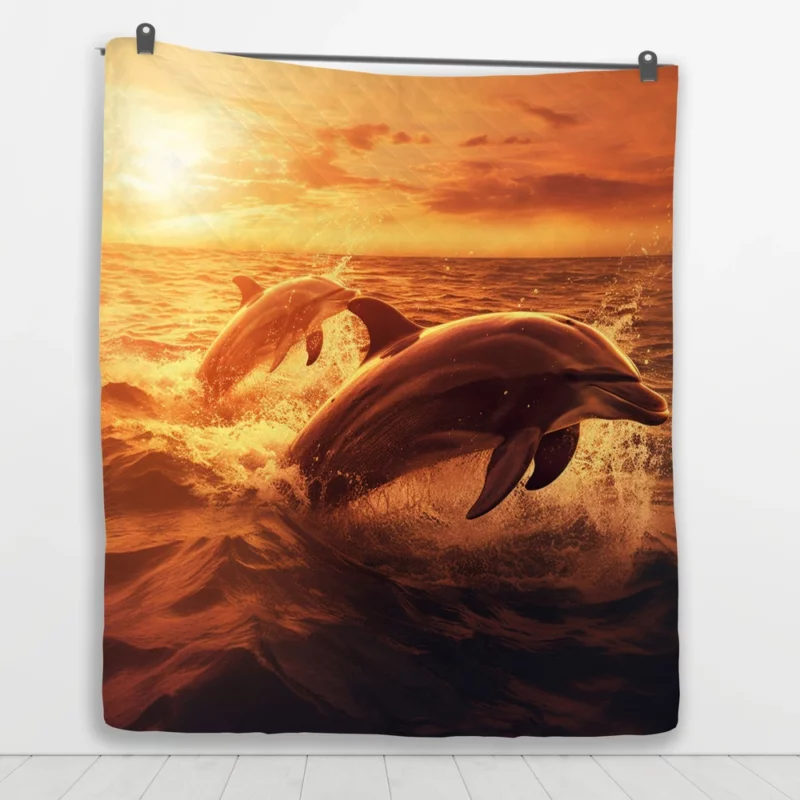 Dolphins Jumping at Sunrise Quilt Blanket 1