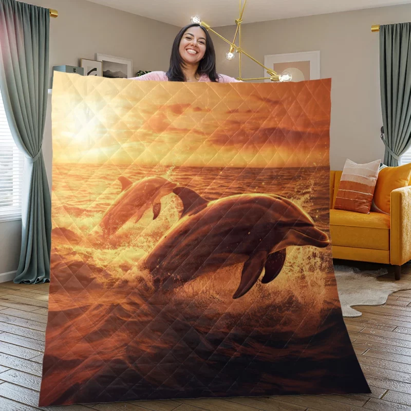 Dolphins Jumping at Sunrise Quilt Blanket