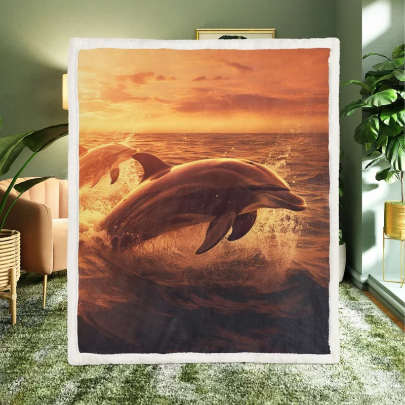 Dolphins Jumping at Sunrise Sherpa Fleece Blanket