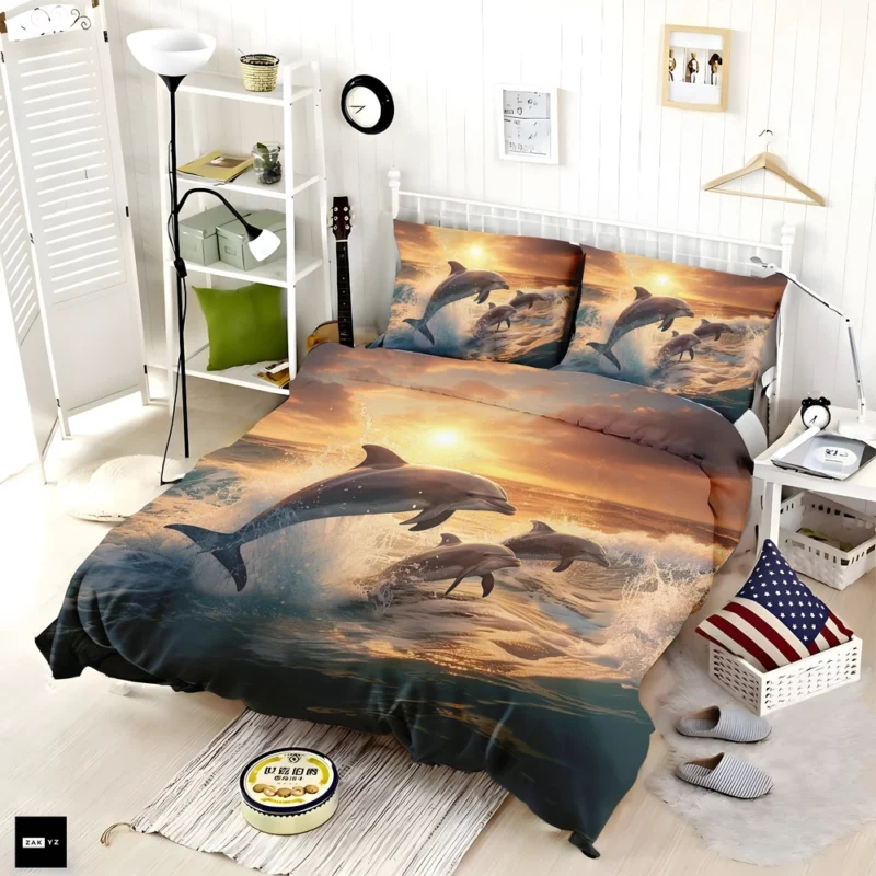 Dolphins Jumping in Blue Waters Bedding Set