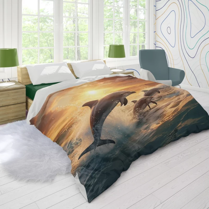 Dolphins Jumping in Blue Waters Duvet Cover