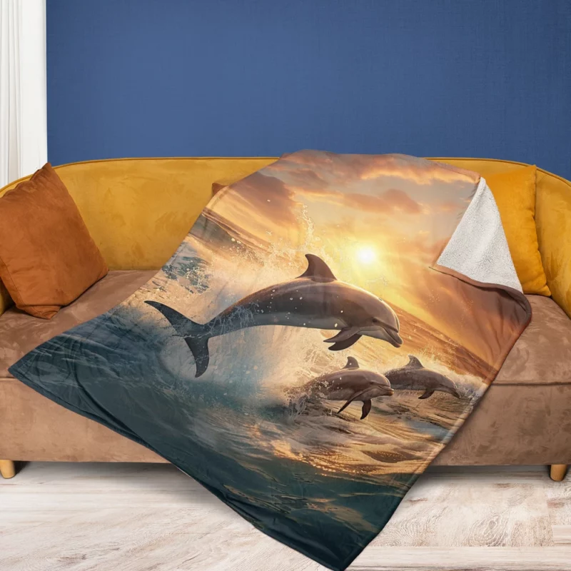 Dolphins Jumping in Blue Waters Fleece Blanket 1