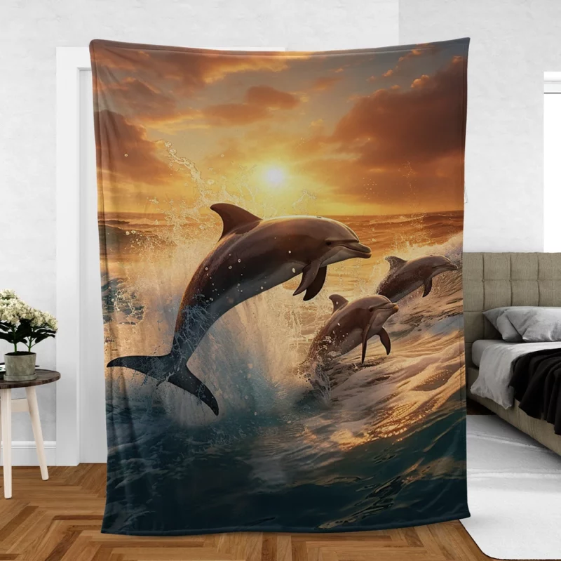 Dolphins Jumping in Blue Waters Fleece Blanket