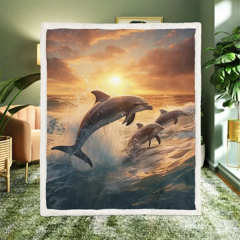 Dolphins Jumping in Blue Waters Sherpa Fleece Blanket