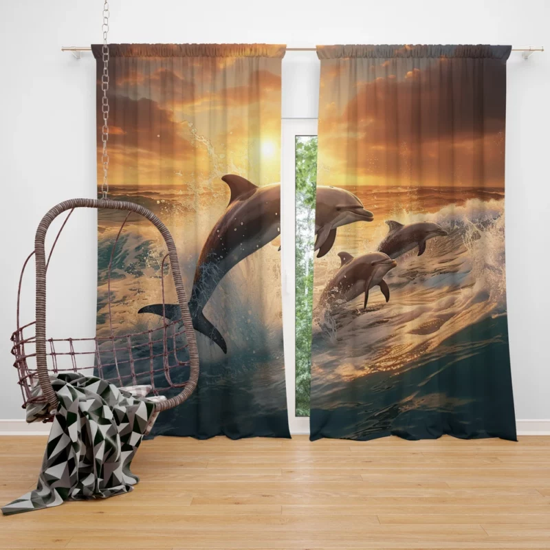 Dolphins Jumping in Blue Waters Window Curtain