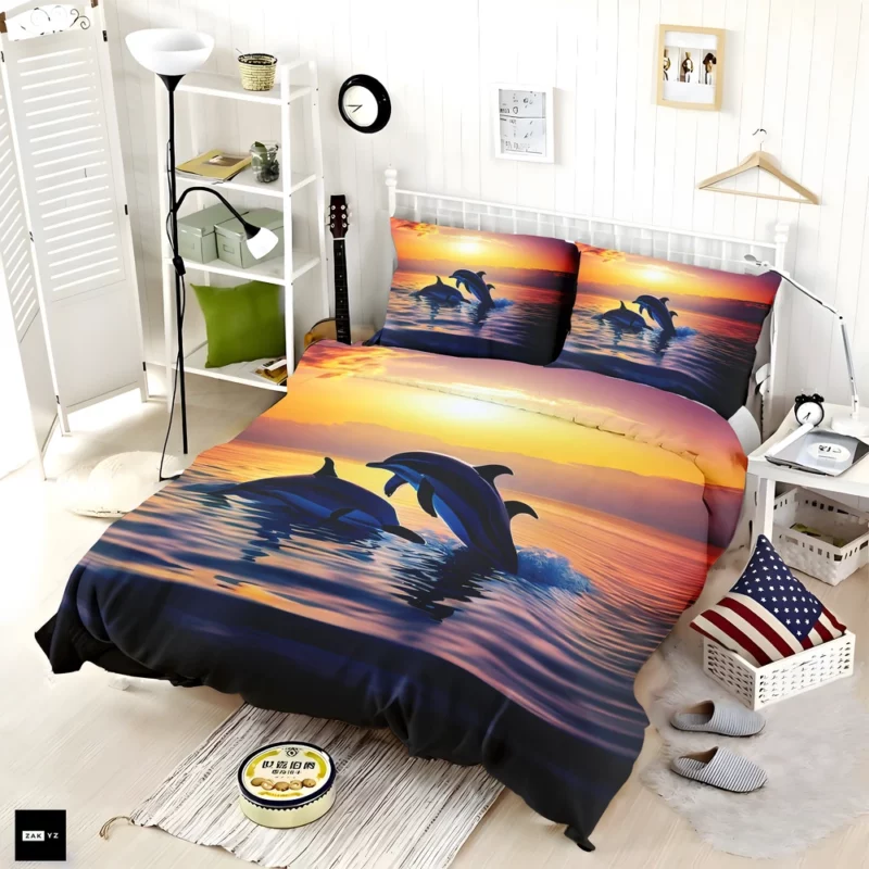 Dolphins Swimming at Sunrise Bedding Set