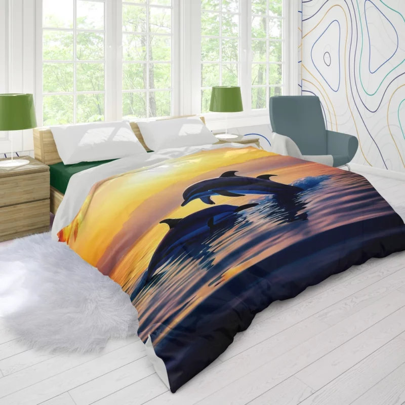 Dolphins Swimming at Sunrise Duvet Cover