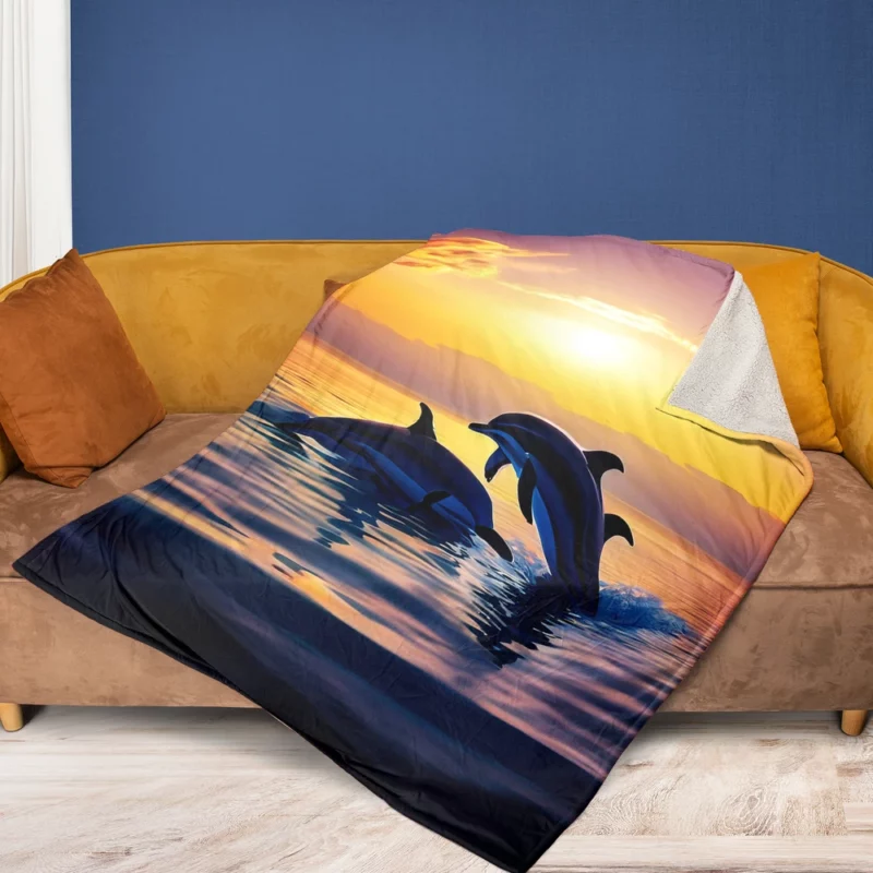 Dolphins Swimming at Sunrise Fleece Blanket 1