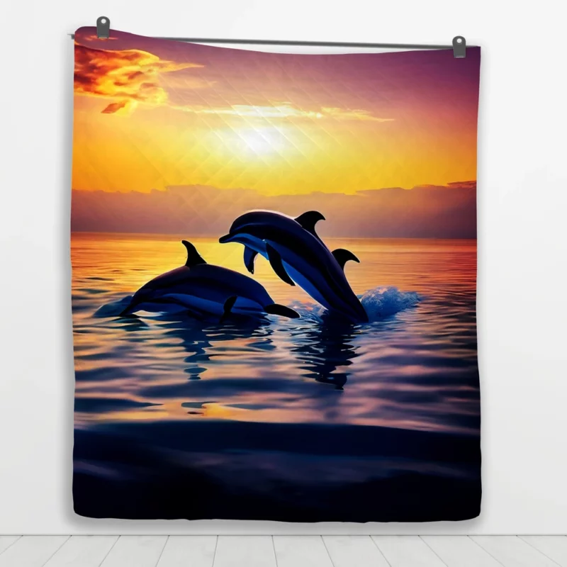 Dolphins Swimming at Sunrise Quilt Blanket 1