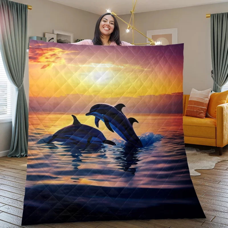 Dolphins Swimming at Sunrise Quilt Blanket