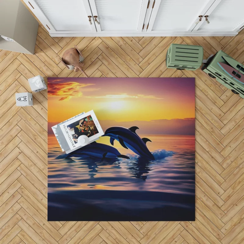 Dolphins Swimming at Sunrise Rug