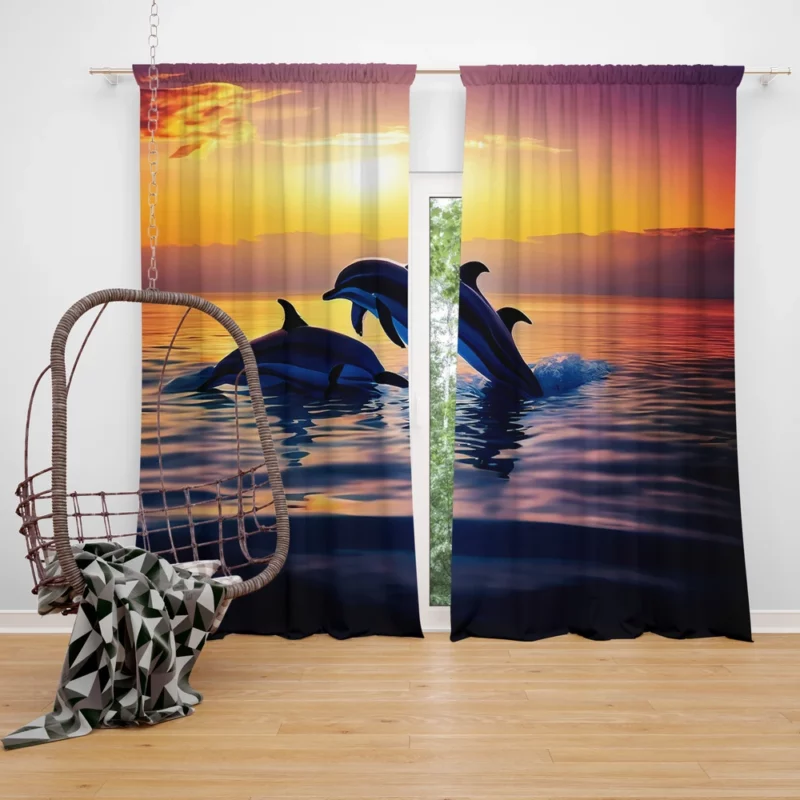 Dolphins Swimming at Sunrise Window Curtain