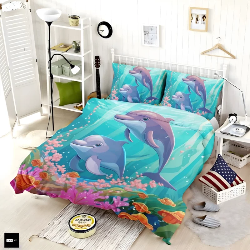 Dolphins and Flowers Artwork Bedding Set