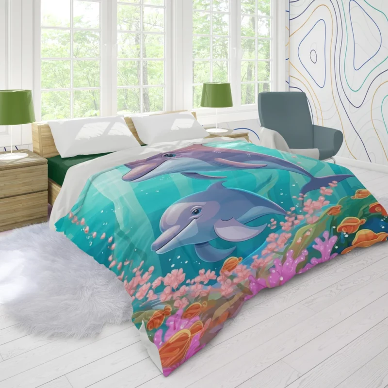 Dolphins and Flowers Artwork Duvet Cover