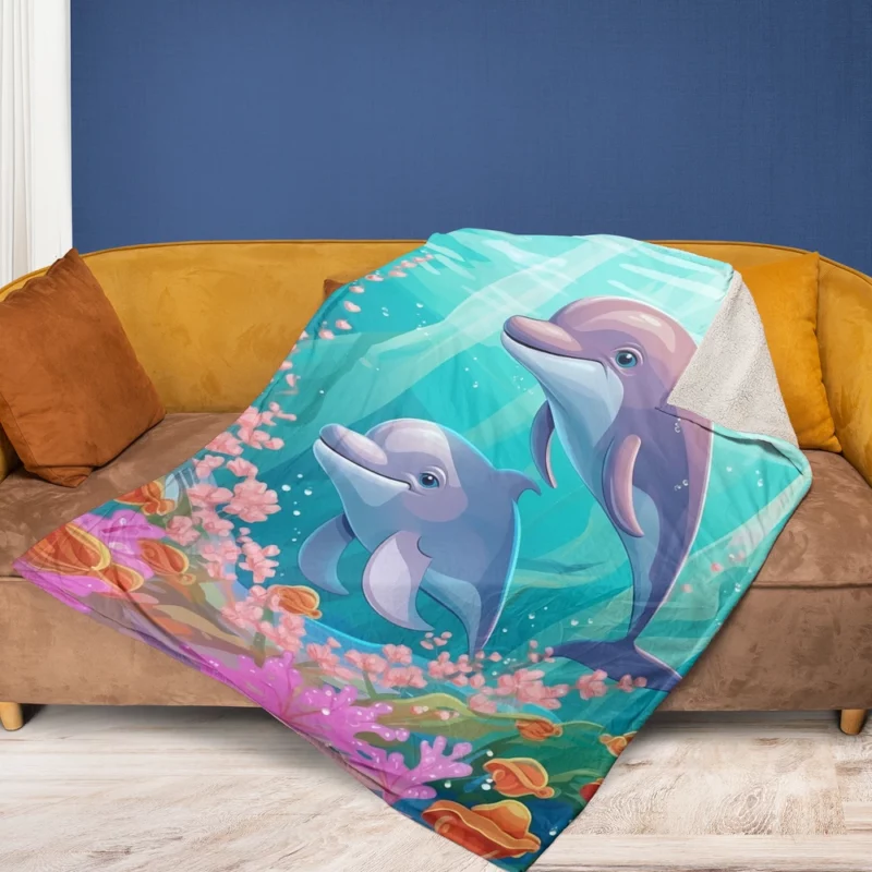 Dolphins and Flowers Artwork Fleece Blanket 1