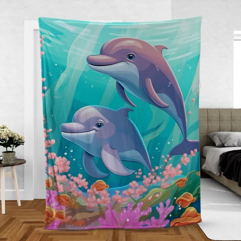 Dolphins and Flowers Artwork Fleece Blanket