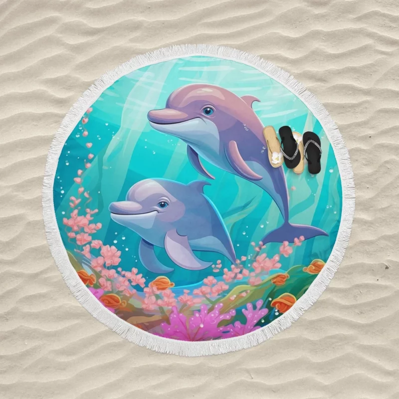 Dolphins and Flowers Artwork Round Beach Towel