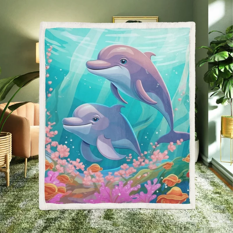 Dolphins and Flowers Artwork Sherpa Fleece Blanket