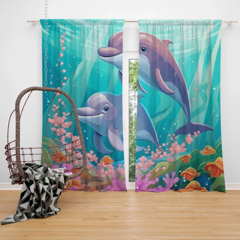 Dolphins and Flowers Artwork Window Curtain