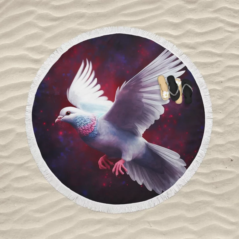 Dove Flying in Painted Sky Round Beach Towel