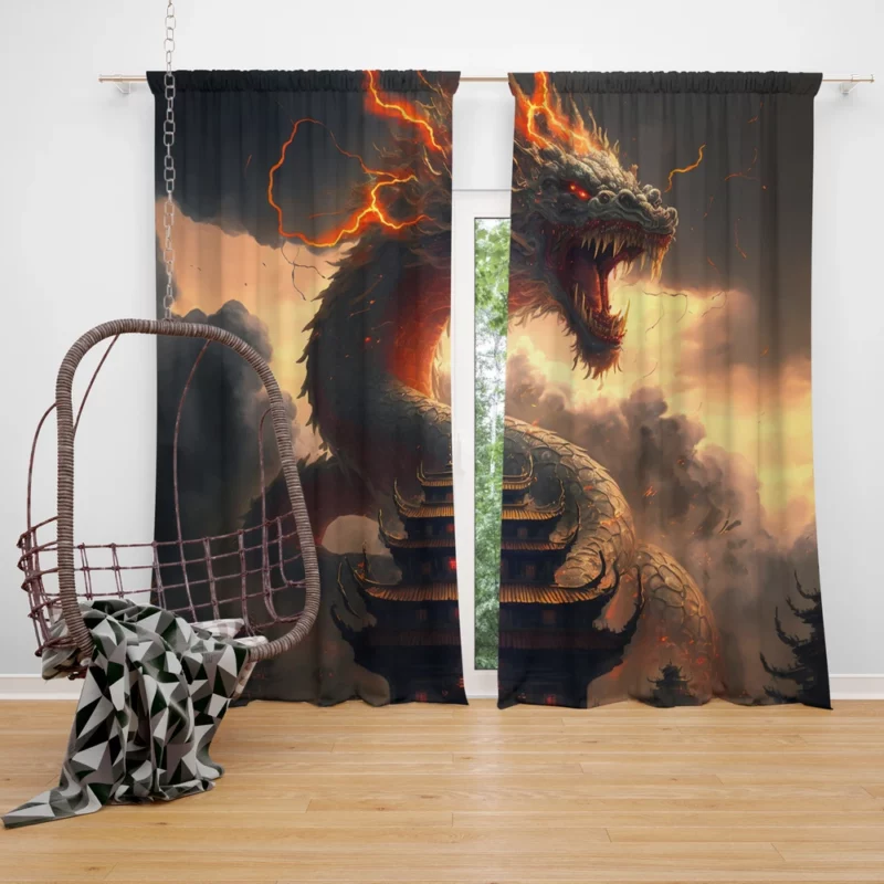 Dragon Creature Close-Up Window Curtain