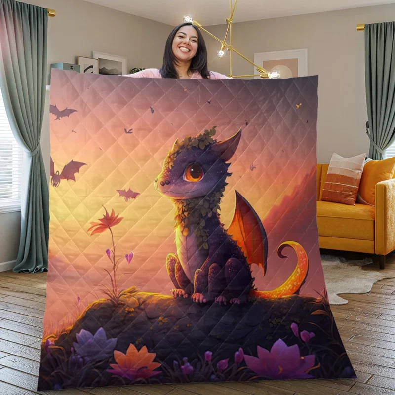 Dragon at Magical Sunrise Quilt Blanket