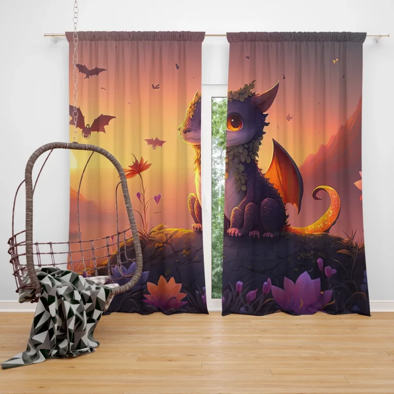 Dragon at Magical Sunrise Window Curtain