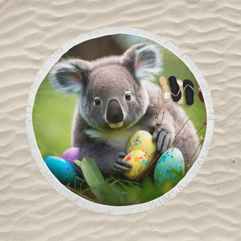 Easter Koala With Eggs Round Beach Towel