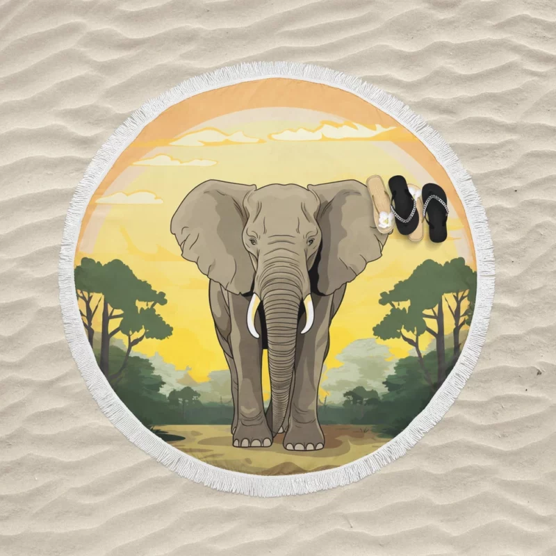 Elephant Illustration Artwork Round Beach Towel