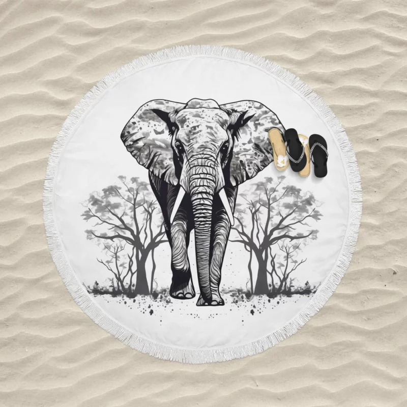 Elephant Silhouette Artwork Round Beach Towel