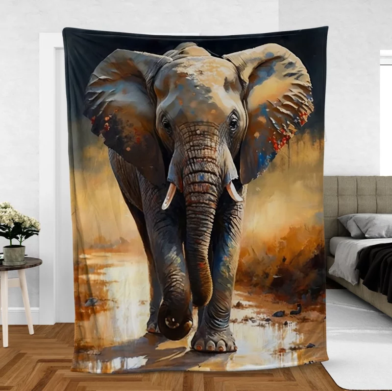 Elephant Walking in Rain Fleece Blanket