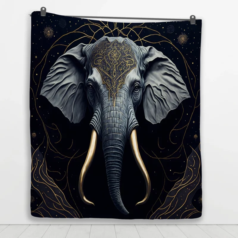 Elephant With a Gold Patterned Head Quilt Blanket 1