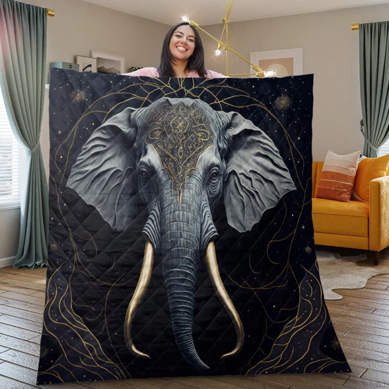Elephant With a Gold Patterned Head Quilt Blanket
