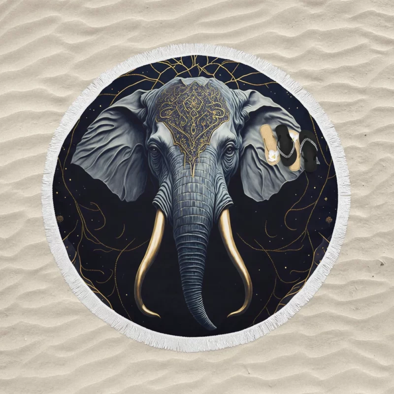 Elephant With a Gold Patterned Head Round Beach Towel